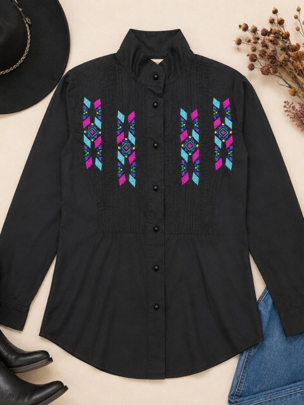 Vintage Side Saddle Western Embroidered Button Up Shirt 80s Southwestern L